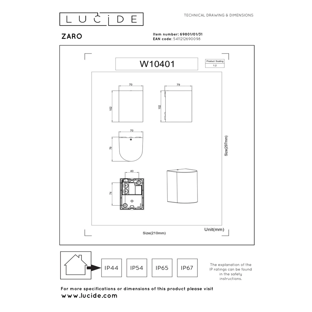 Wandspot Zaro IP44 enkel wit Lucide 5411212690098