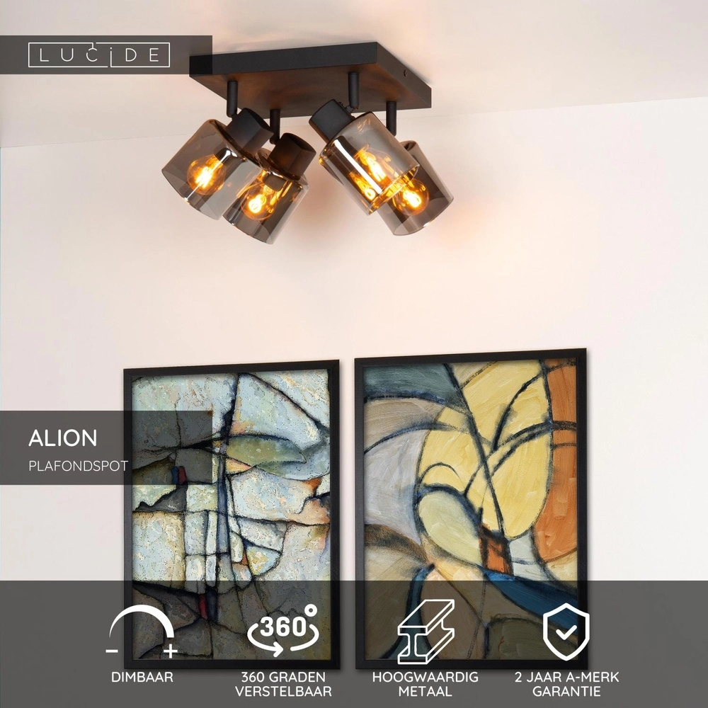 Plafondlamp Alion 4-lichts zwart met smoke glas Lucide 5411212177018