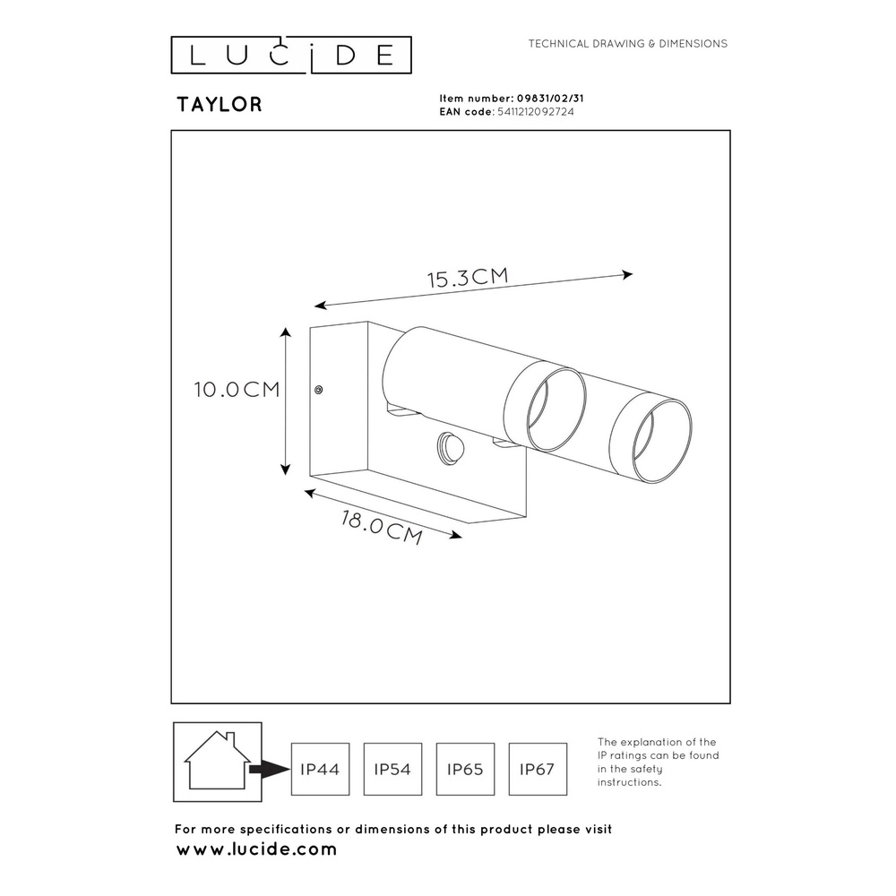 Wandspot Taylor IP54 dubbel met sensor wit Lucide 5411212092724