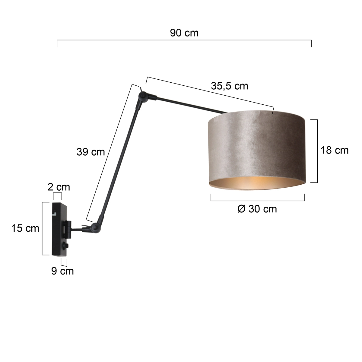 Wand Leeslamp Prestige Chic zwart met 30cm taupe velourse kap Steinhauer 8712746145922