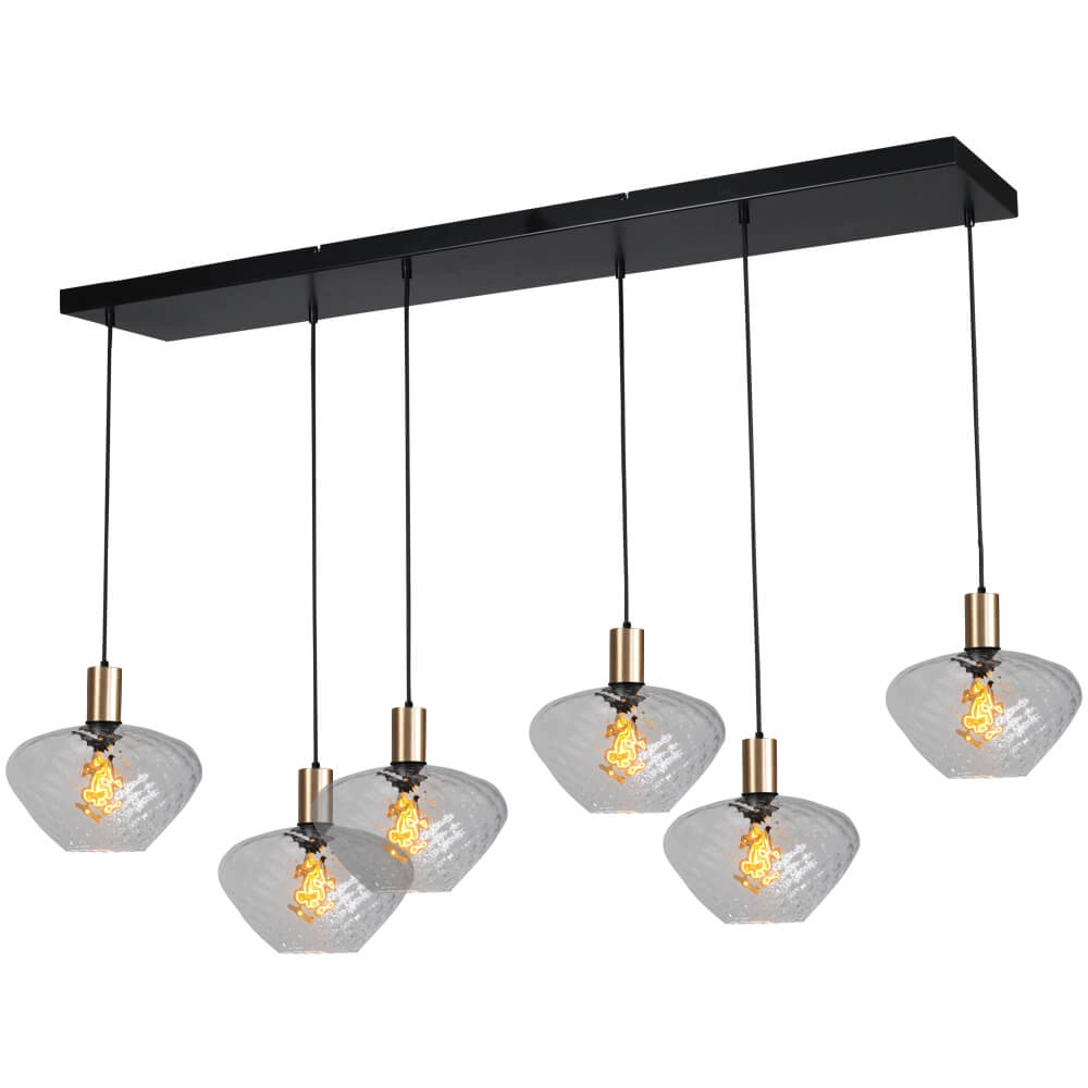 6-lichts hanglamp - goud - Porto met Blossom clear glazen