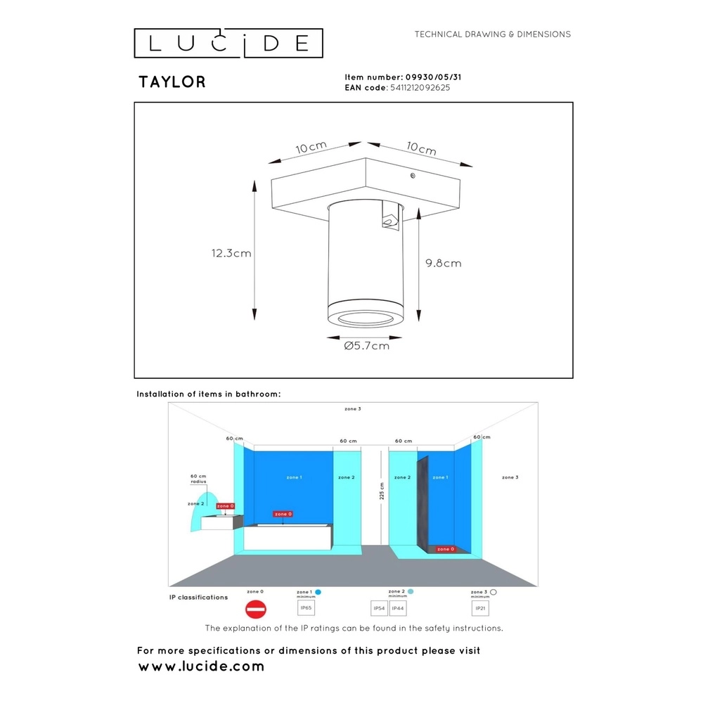 Plafondspot Taylor IP44 enkel wit Lucide 5411212092625