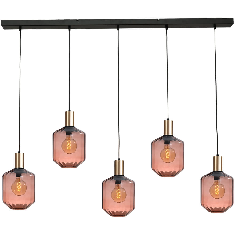 5-lichts hanglamp - goud - Porto met Jagger red glazen - Ø 24cm