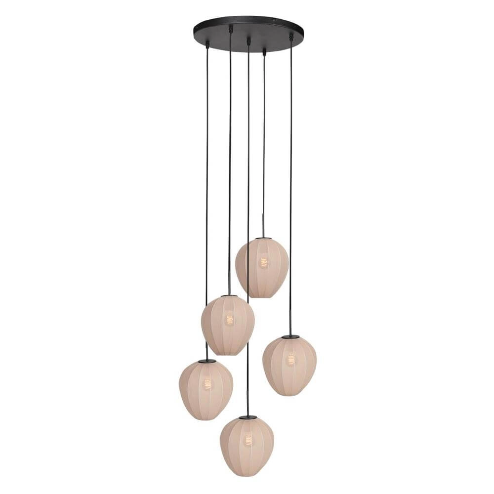 5-lichts hanglamp HaloSwap rond zwart en crème kappen 5-lichts hanglamp HaloSwap rond zwart en crème kappen