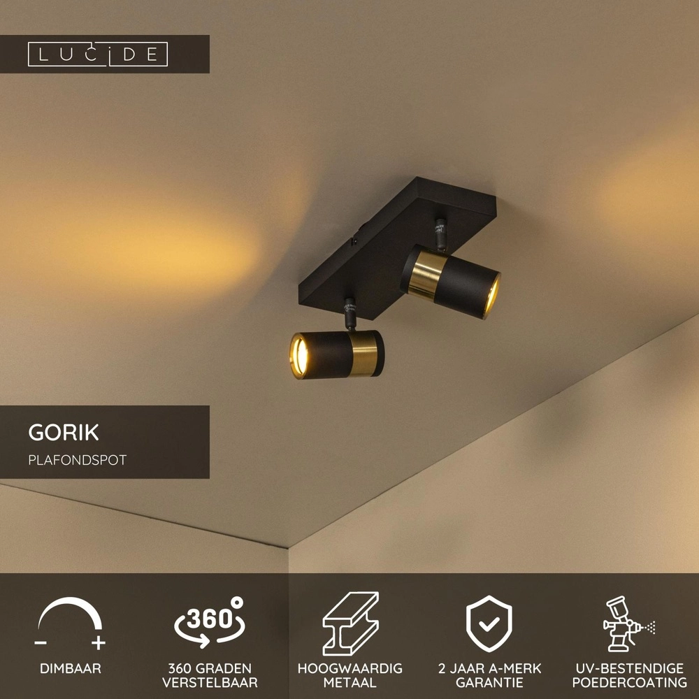 Plafondlamp Gorik 2-lichts zwart met goud Lucide 5411212530981