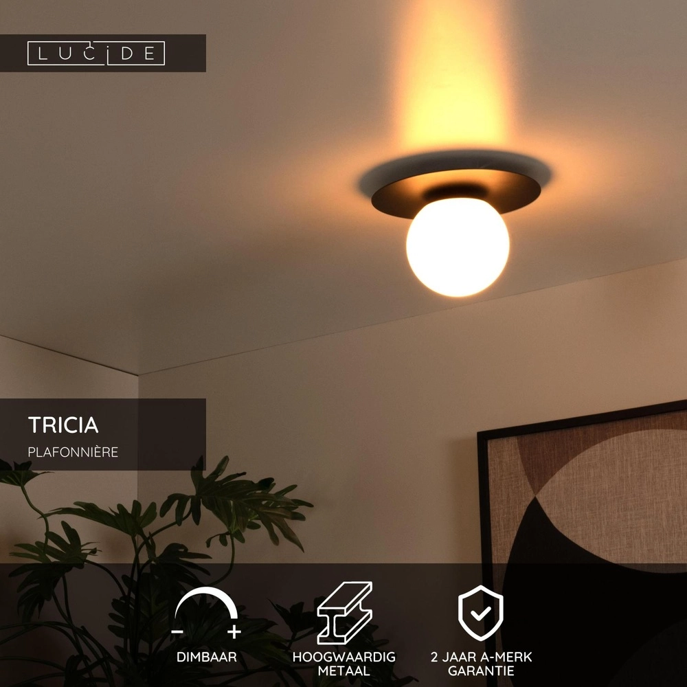 Plafondlamp Tricia zwart met witte bol Lucide 5411212791993
