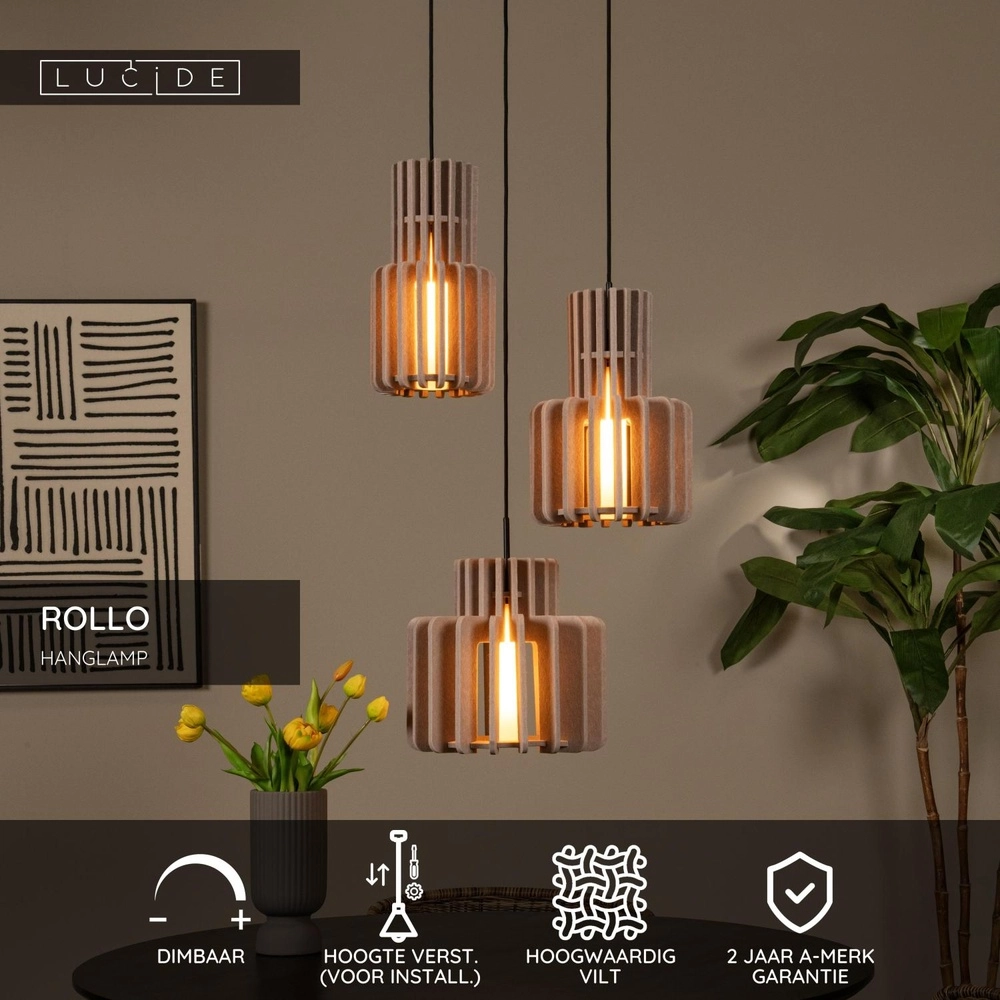Design hanglamp Rollo 3-lichts zand bruin Lucide 5411212452801