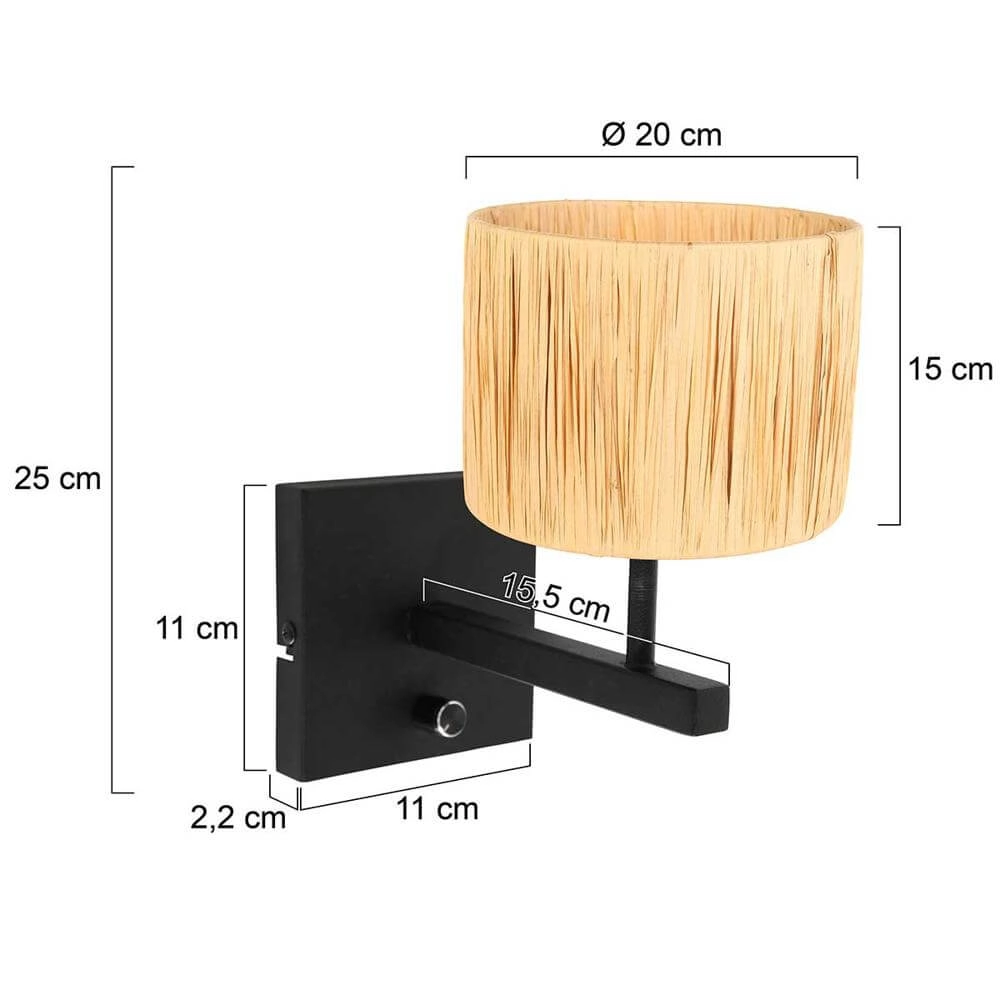 Wandlamp Stang met dimmer zwart en stro kapje Steinhauer 8712746172096
