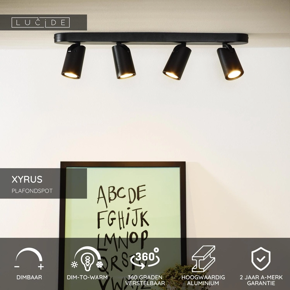 Plafondspot Xyrus 4-lichts zwart Lucide 5411212234216
