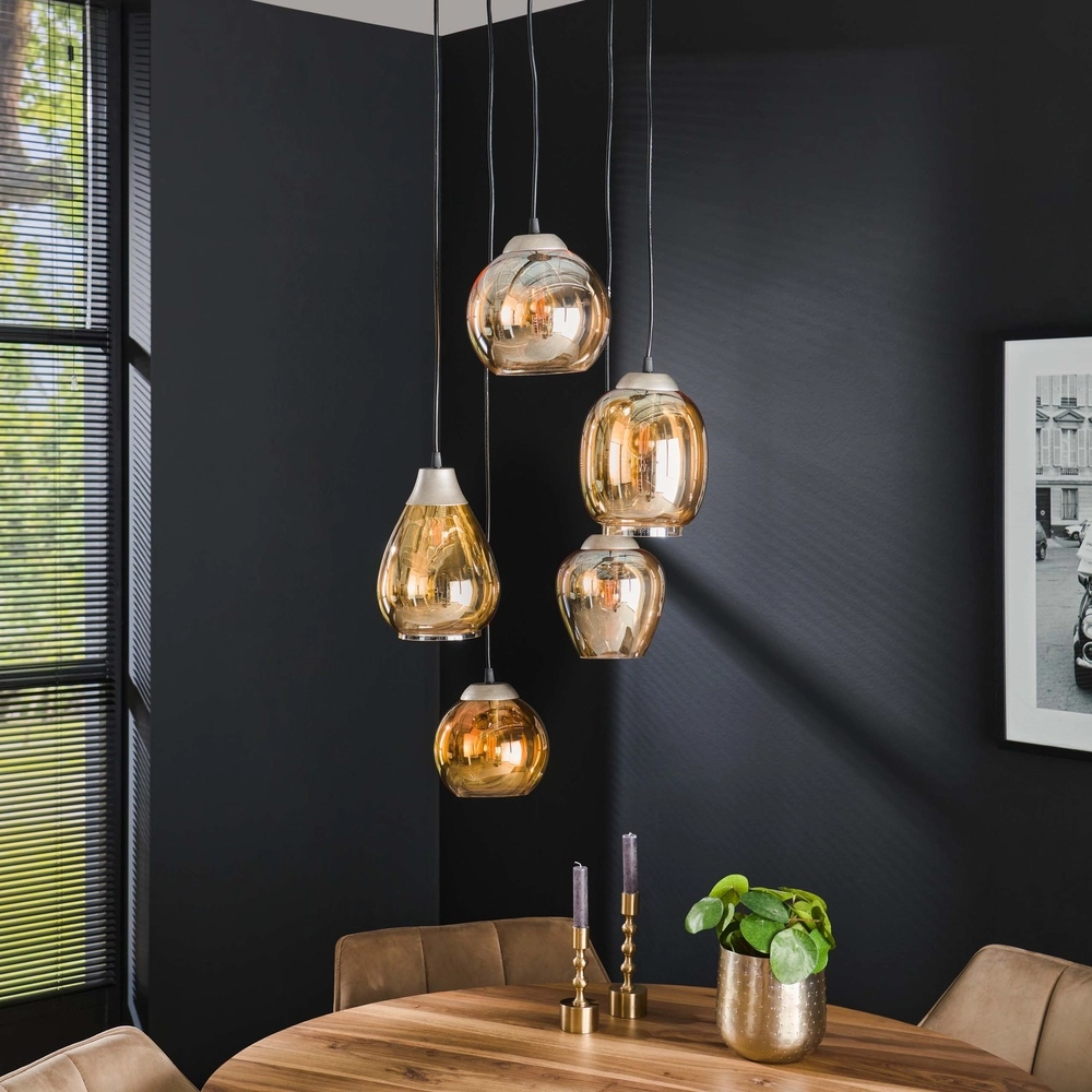 Eettafel hanglamp Mix 5x E27 - Ø 43cm - amber glas Lyora 8716803512283