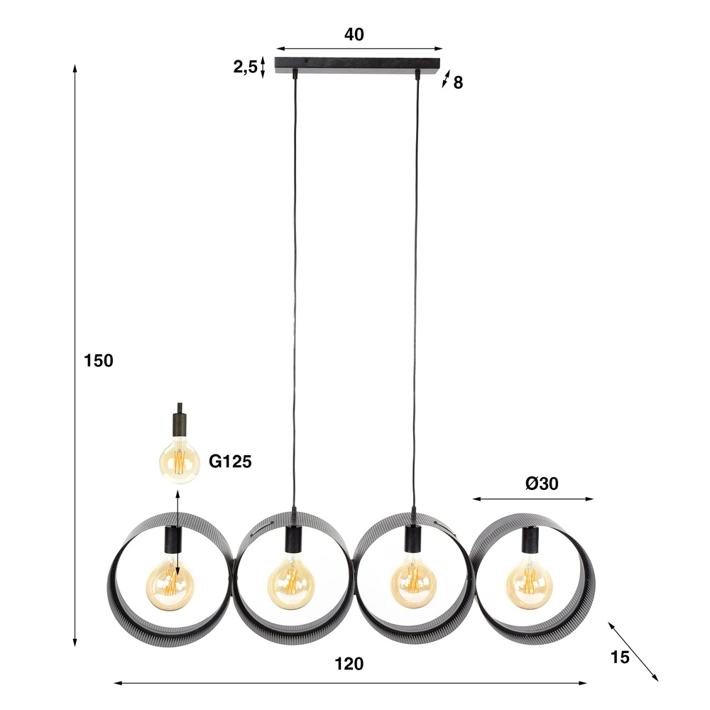 Landelijke hanglamp Ring charcoal - 4x E27 Lyora 8716803510982