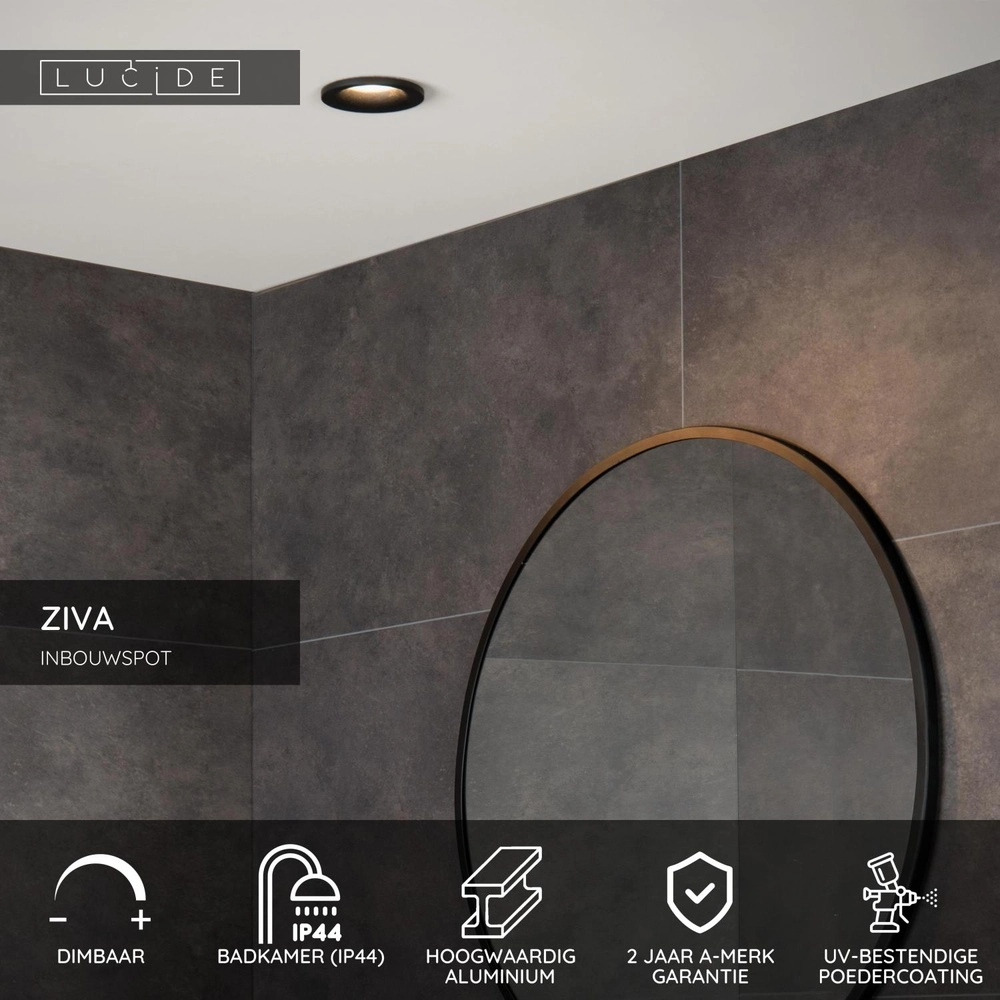 Inbouwspot Ziva IP44 zwart Ø 8,4cm Lucide 5411212092175