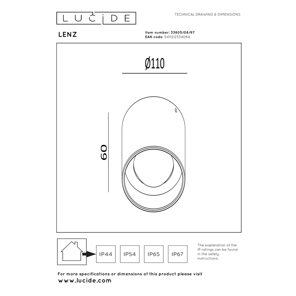 Plafondspot Lenz Ø 11cm roestbruin IP54 Lucide 5411212334084