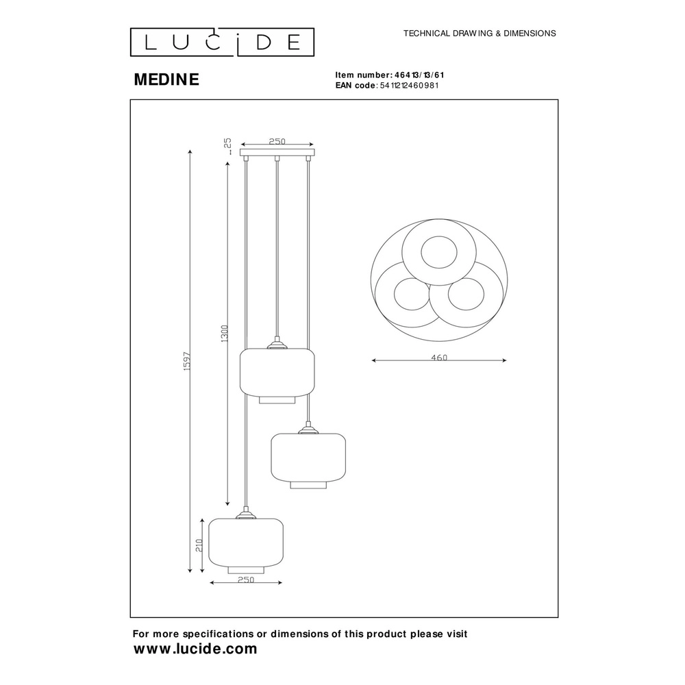 Hanglamp rond Medine 3-lichts zwart met opaal Lucide 5411212460981