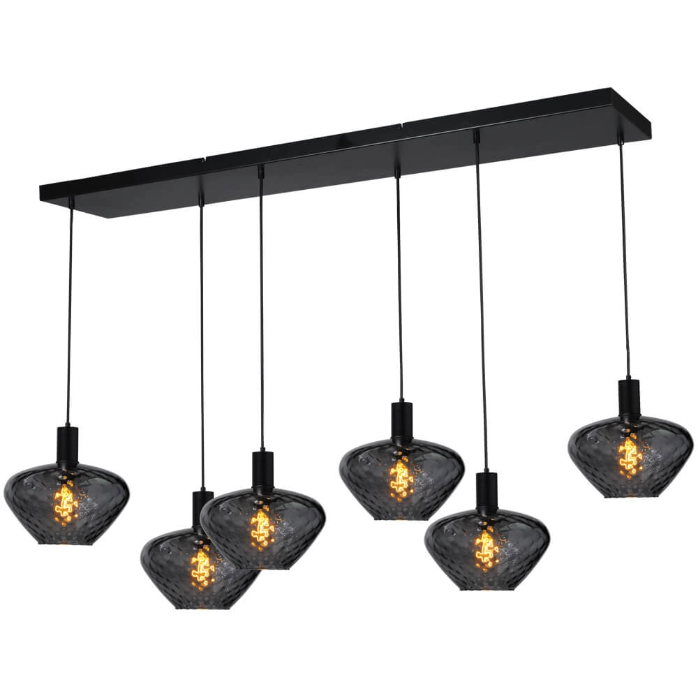 6-lichts hanglamp - zwart - Porto met Blossom smoke glazen 6-lichts hanglamp - zwart - Porto met Blossom smoke glazen