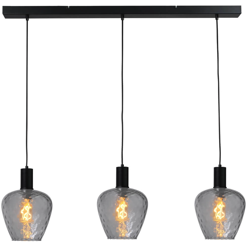 3-lichts hanglamp - zwart - Porto met Diamond smoke glazen 3-lichts hanglamp - zwart - Porto met Diamond smoke glazen