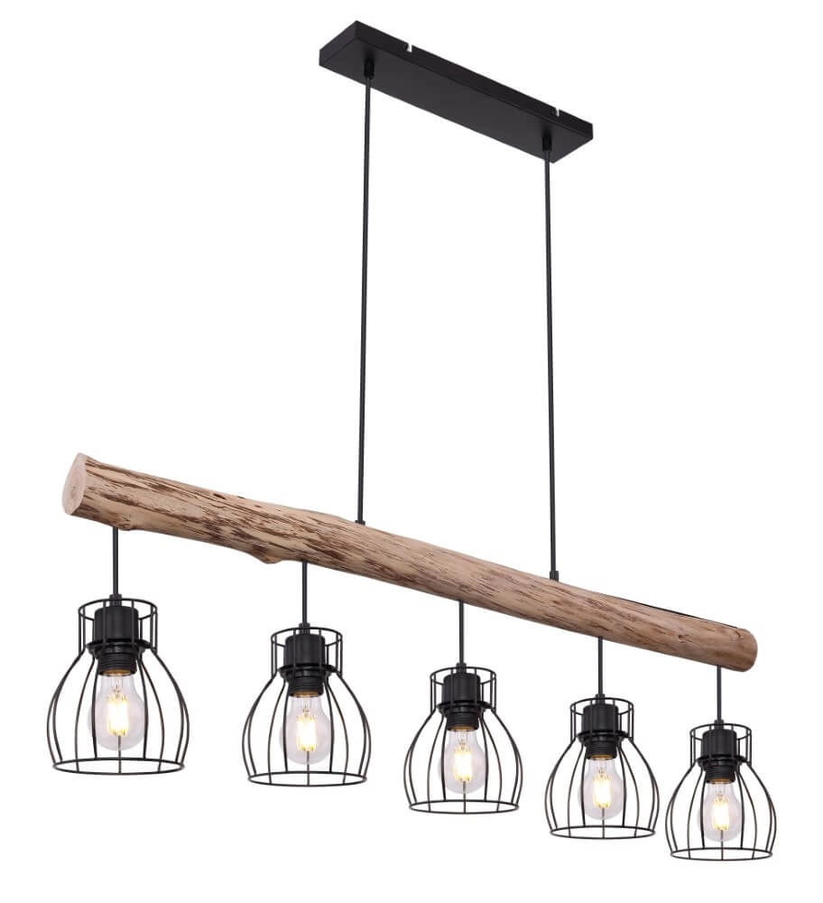 Hanglamp Mina zwart met hout 5-lichts Hanglamp Mina zwart met hout 5-lichts