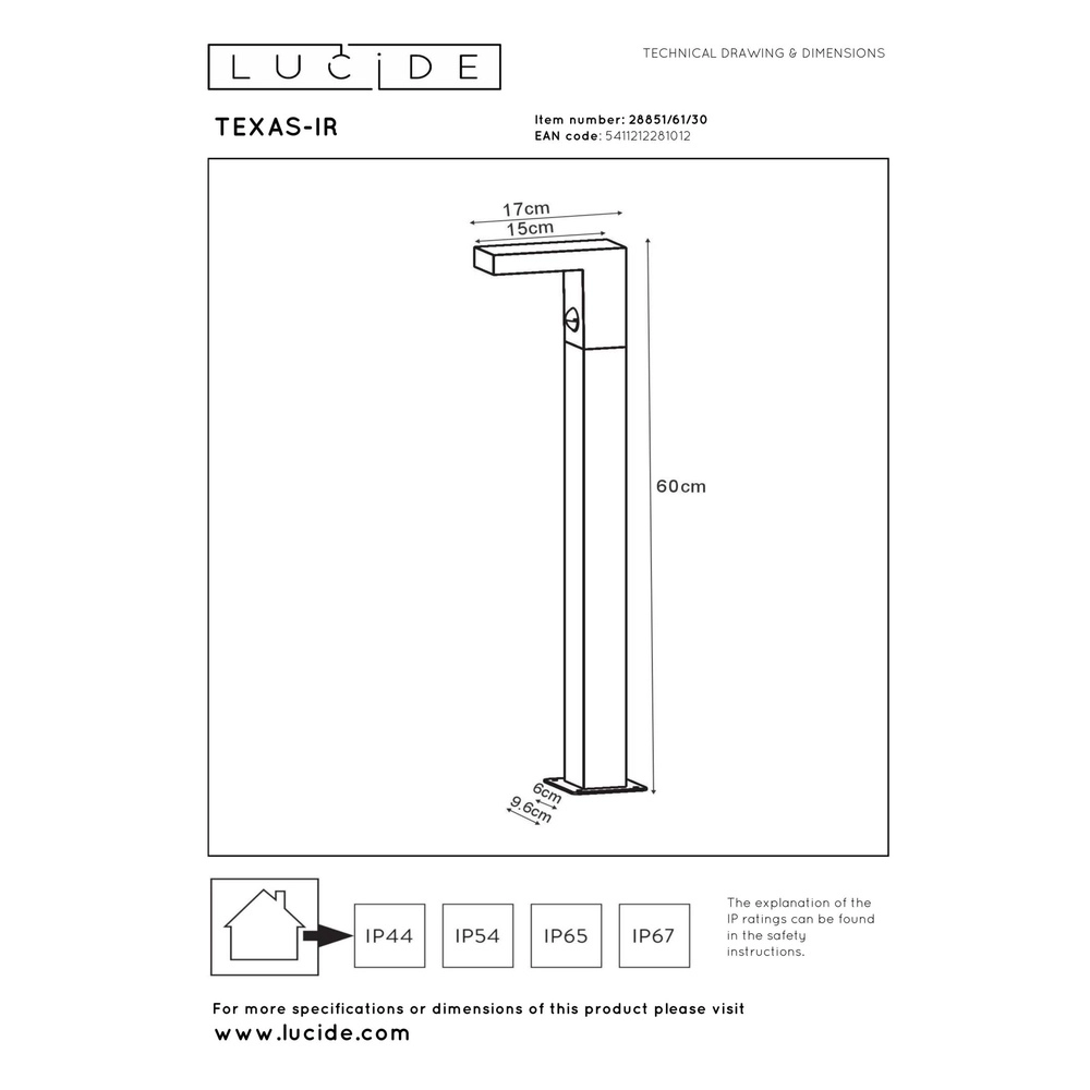 Sokkellamp Texas-Ir met sensor antraciet Lucide 5411212281012