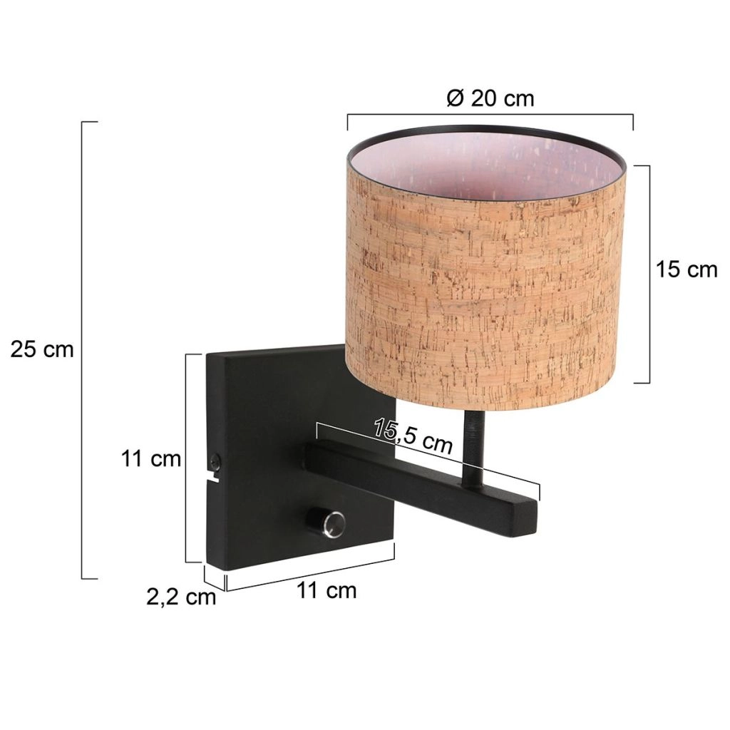 Zwarte wandlamp Stang met kurk kapje Ø20cm Steinhauer 8712746180558