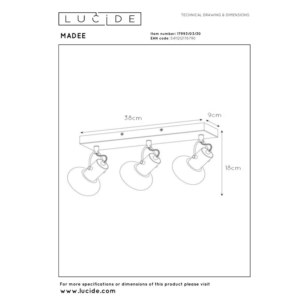 Plafondlamp Madee 3-lichts zwart Lucide 5411212176790
