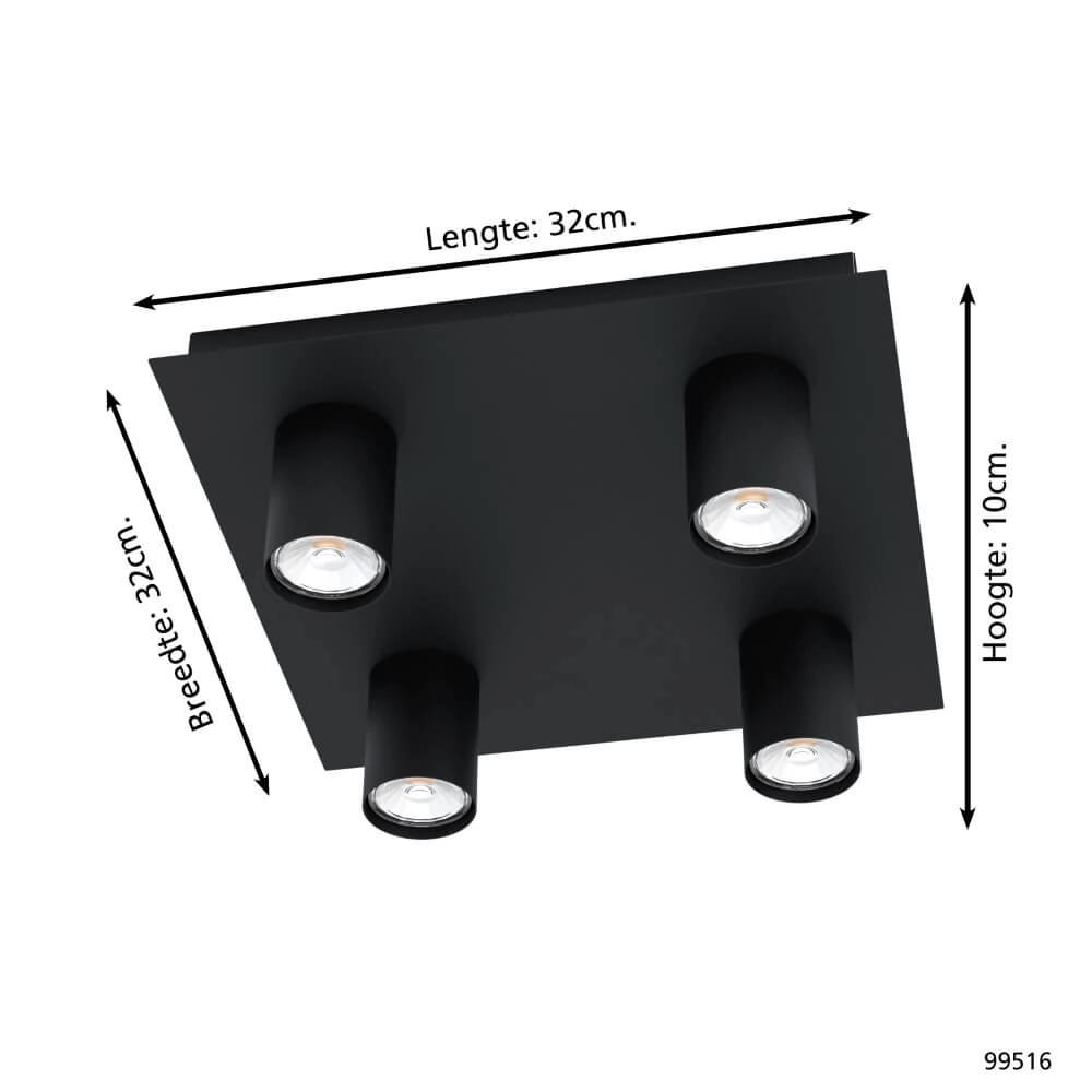 Zwarte opbouwspot Valcasotto 4-lichts Eglo 9002759995164