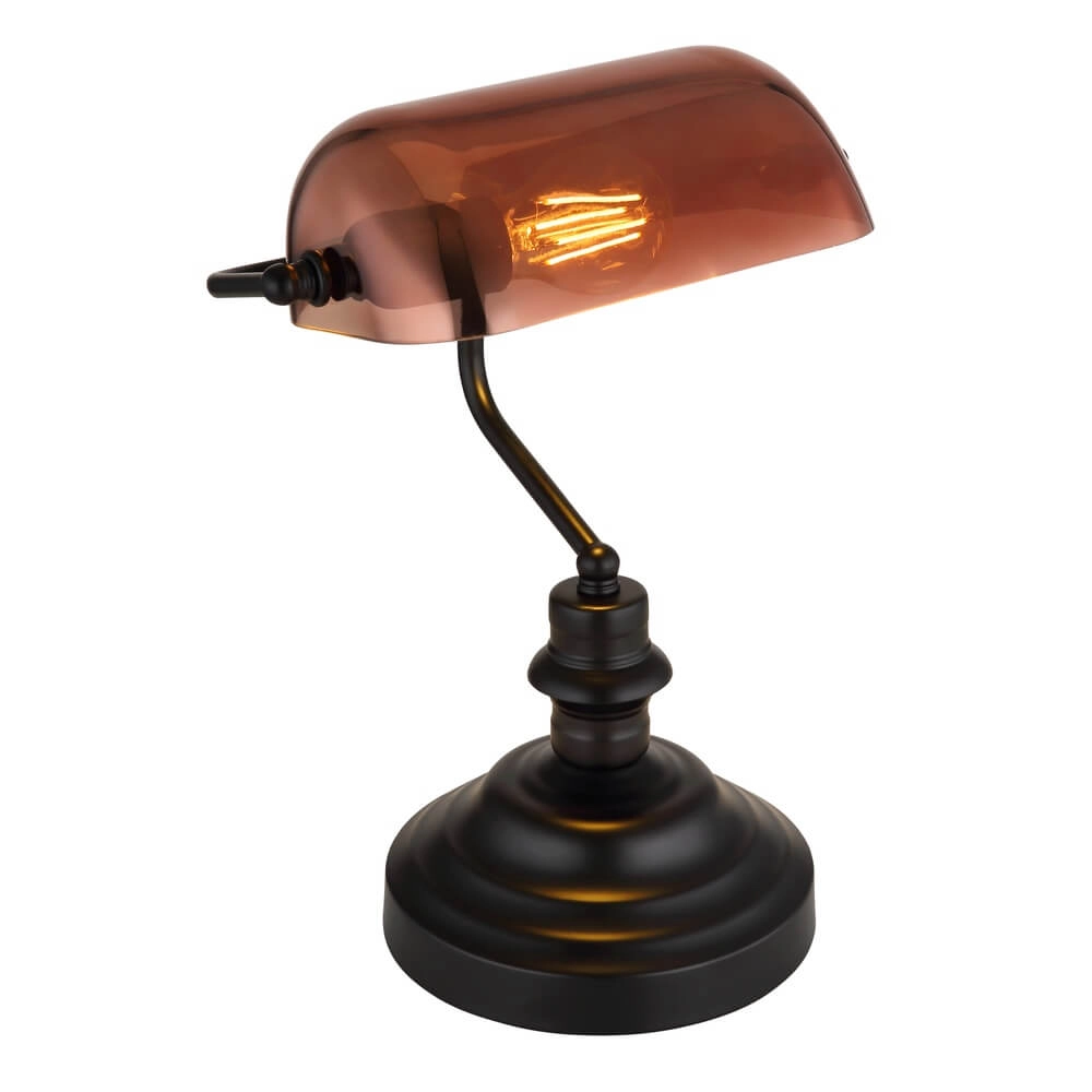 Klassieke bureaulamp Antique zwart met bruin glas