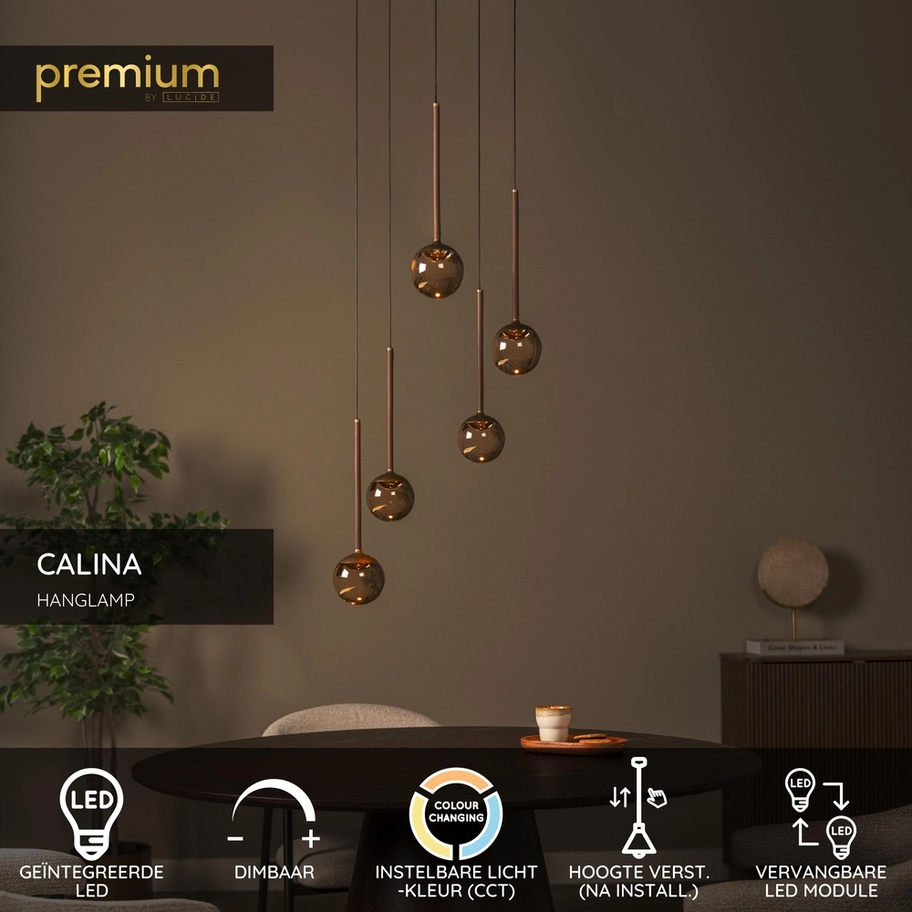 Design hanglamp Calina 5-lichts met amber bollen Premium by Lucide 5411212242150