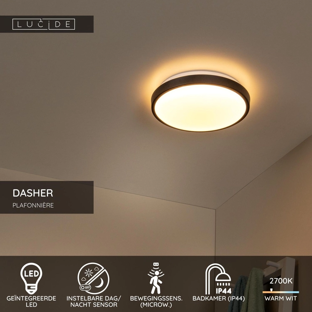 Zwarte plafonniere Dasher Ø 29,3cm IP44 voor badkamer Lucide 5411212792075
