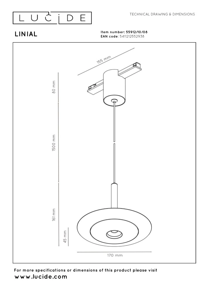 Rail hanglamp Linial 1-fase mat zwart chroom Premium by Lucide 5411212552938