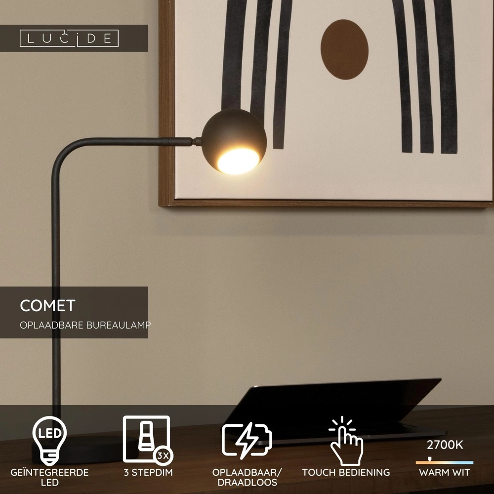 Oplaadbare bureaulamp Comet zwart Lucide 5411212361288