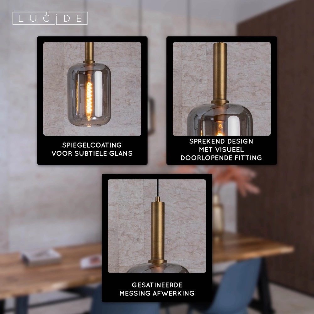 3-lichs hanglamp Joanet recht goud met smoke glas Lucide 5411212451989