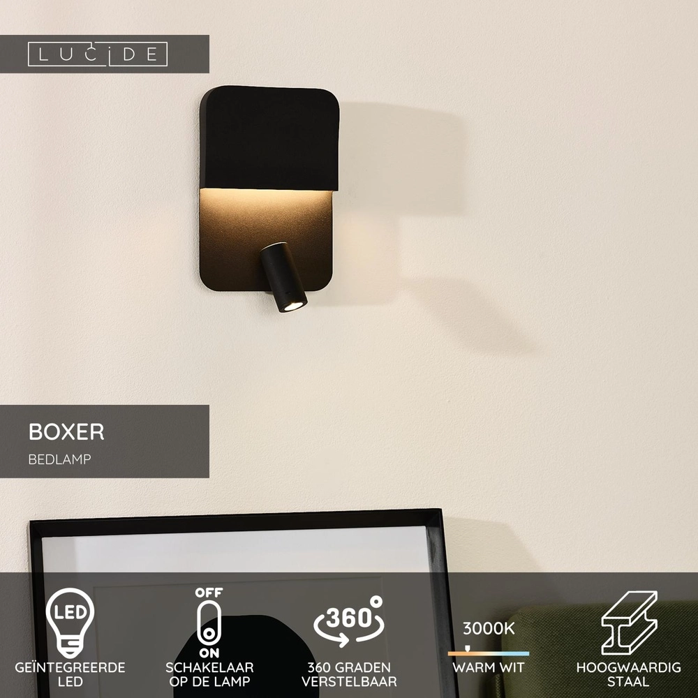 Bedlampje Boxer zwart met USB oplaadpunt Lucide 5411212791535