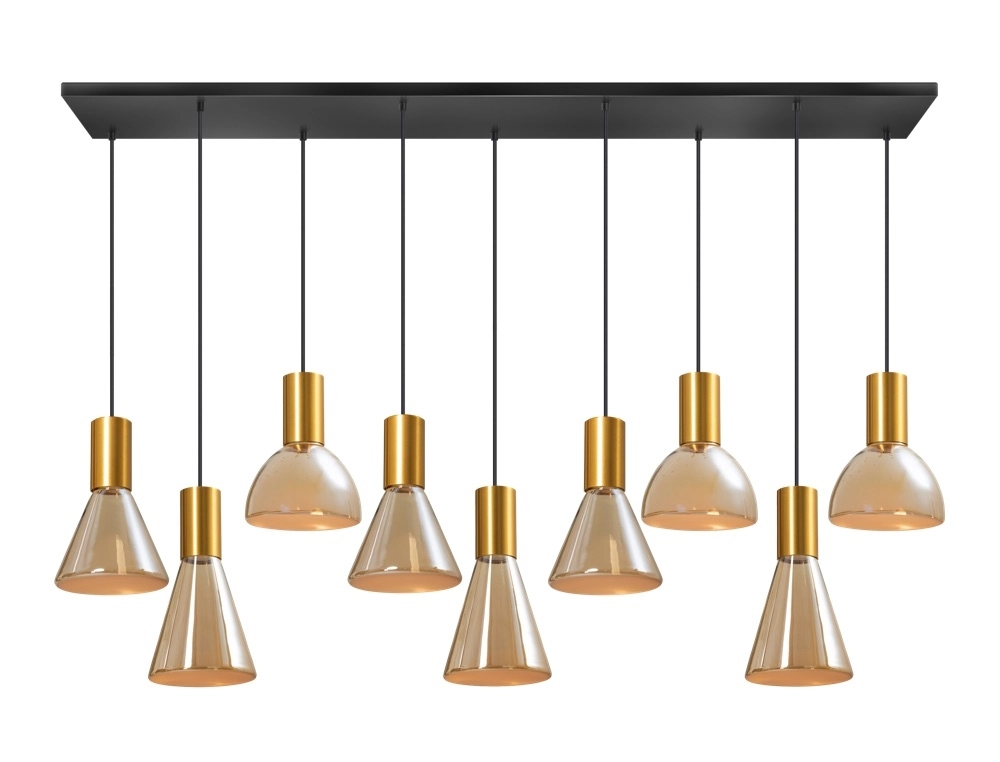 9-lichts eettafellamp Lisa goud met amber glas