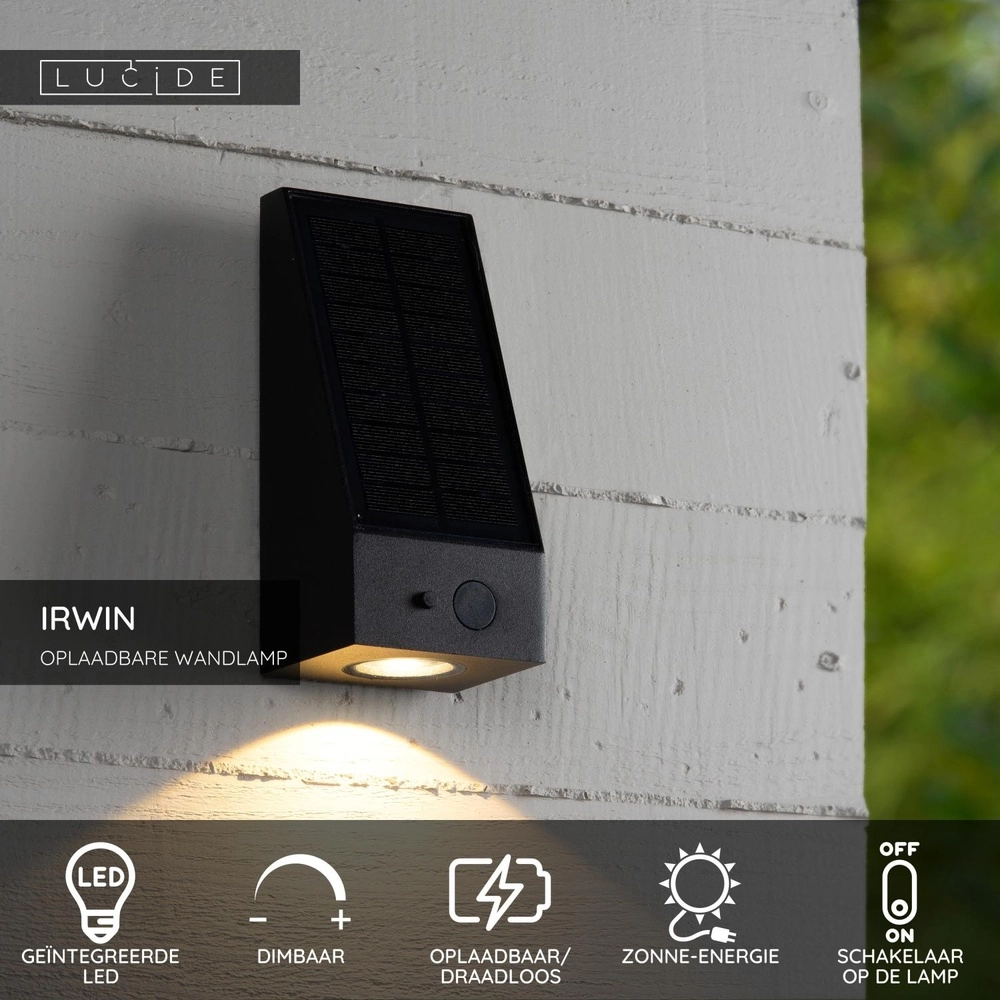 Solar wandlampje Irwin zwart met sensor Lucide 5411212152114