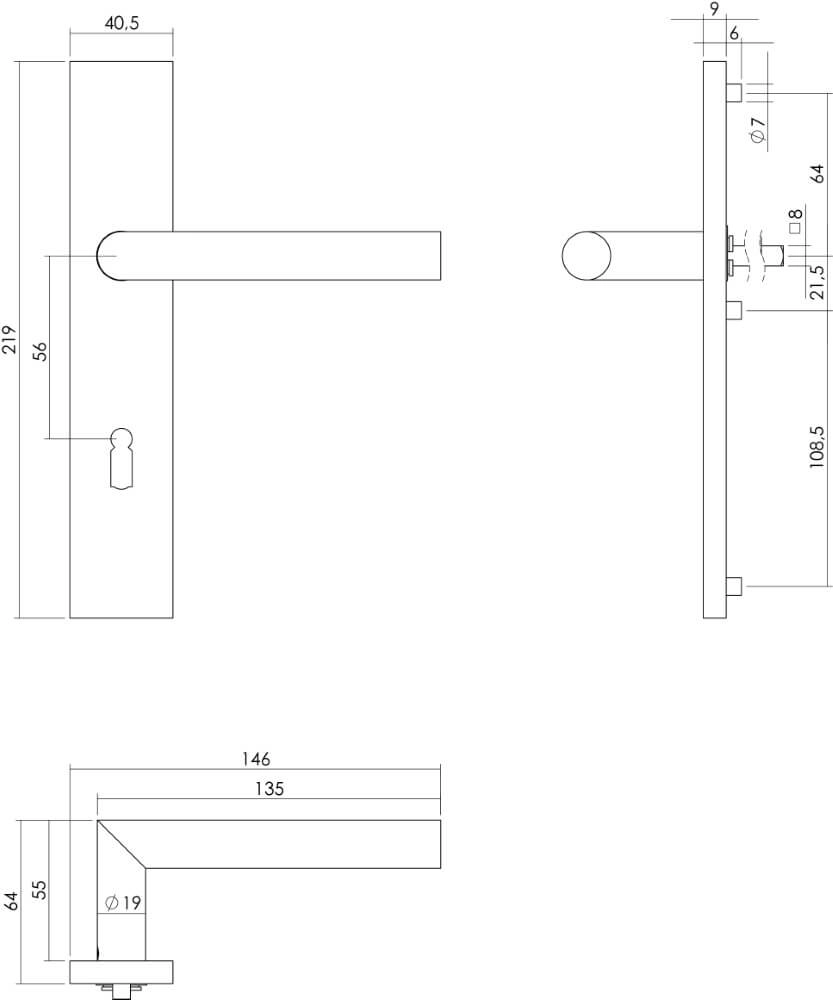 Deurklink Hoek 90 rechthoekig sleutel 56mm RVS Intersteel 8714186186961