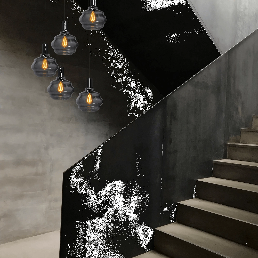 5-lichts vide hanglamp - zwart - Porto met Ball smoke glazen - Ø 24cm Masterlight 8718121271002