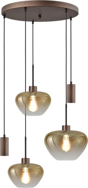 5-lichts hanglamp Genua bruin met 2x goud glas Ø 24cm - 1x Ø 29cm en 2x pendel