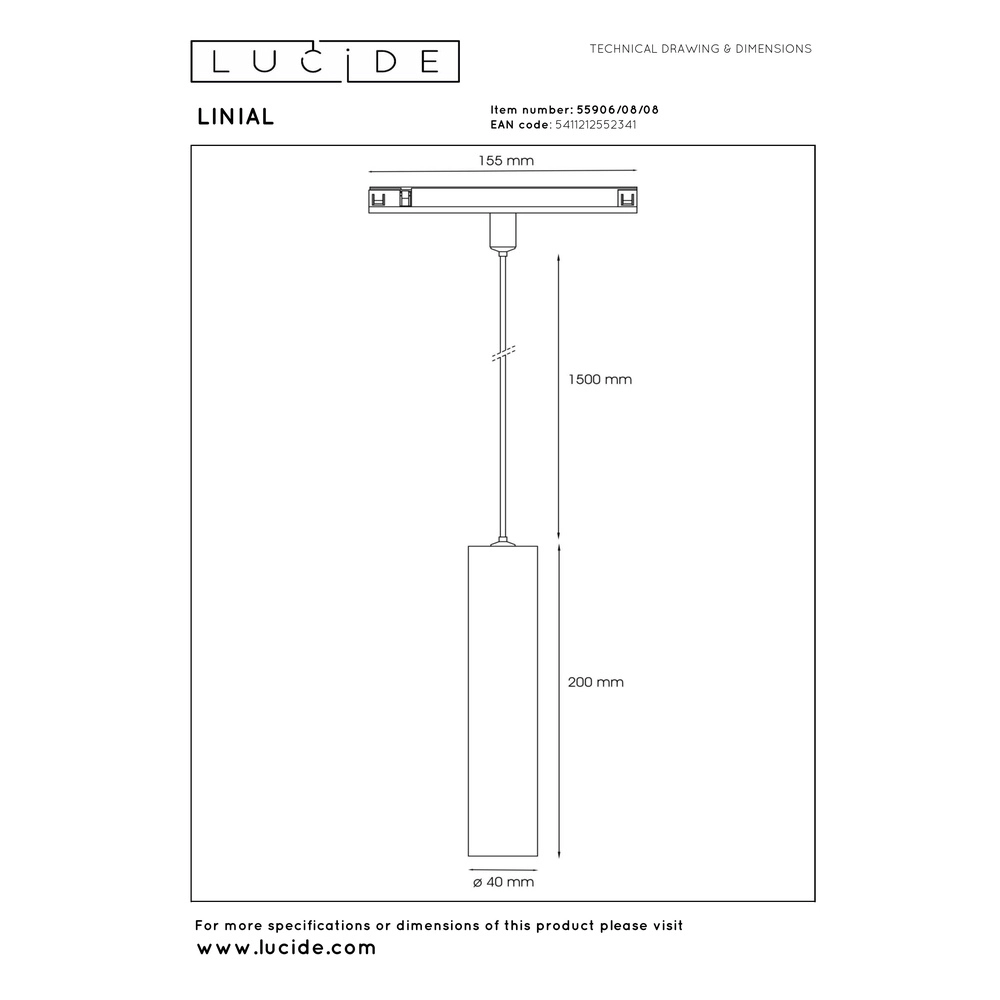 1-fase hanglamp voor rail Linial Luxus mat zwart chroom Premium by Lucide 5411212552341