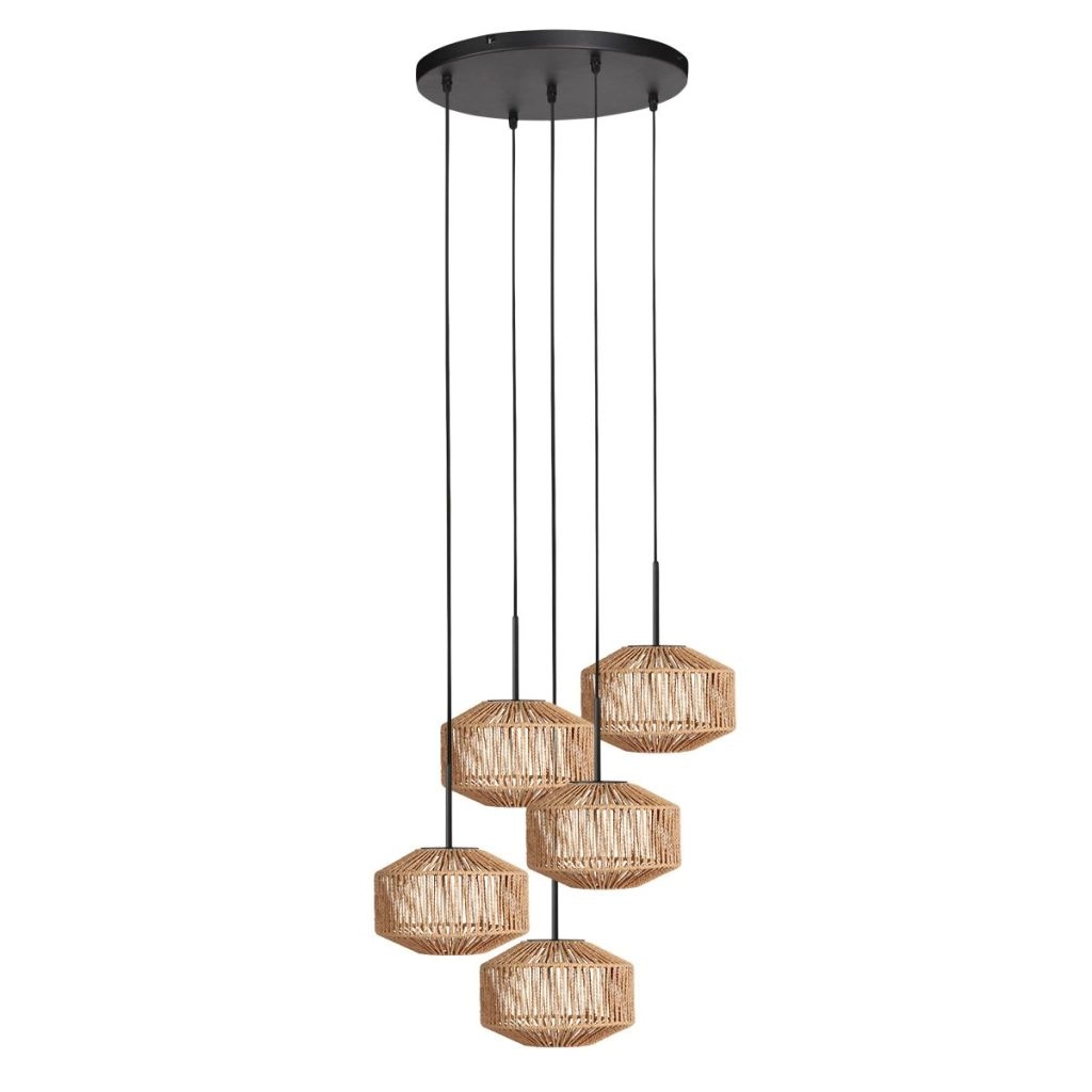 5-lichts hanglamp Ropex met rotan kappen