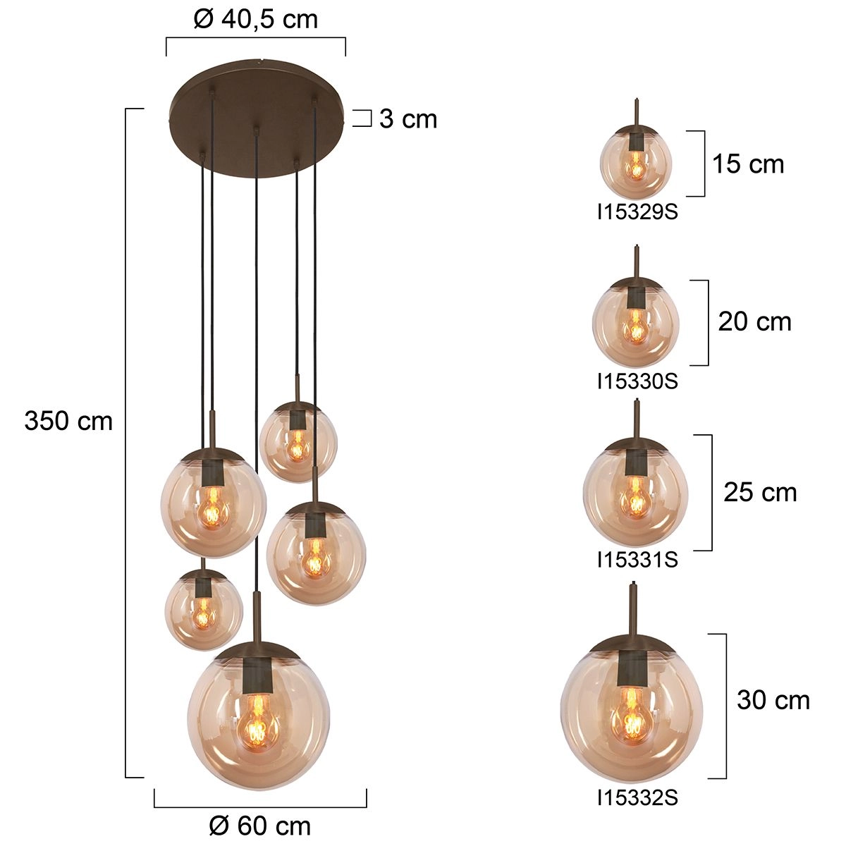 5-lichts vide hanglamp Bollique cacao met amber glas Steinhauer 8712746187175