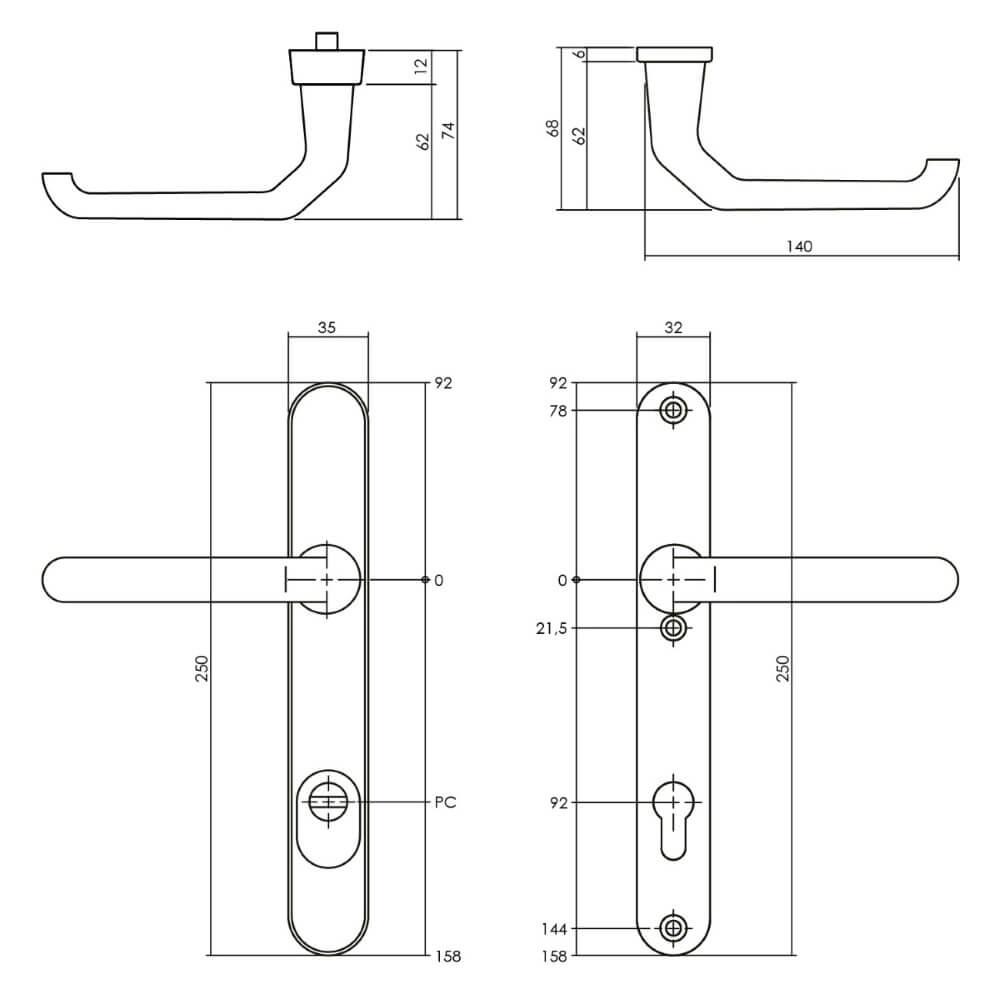 Smal achterdeurbeslag Aurano PC 92mm zwart Intersteel 8,71419E+12