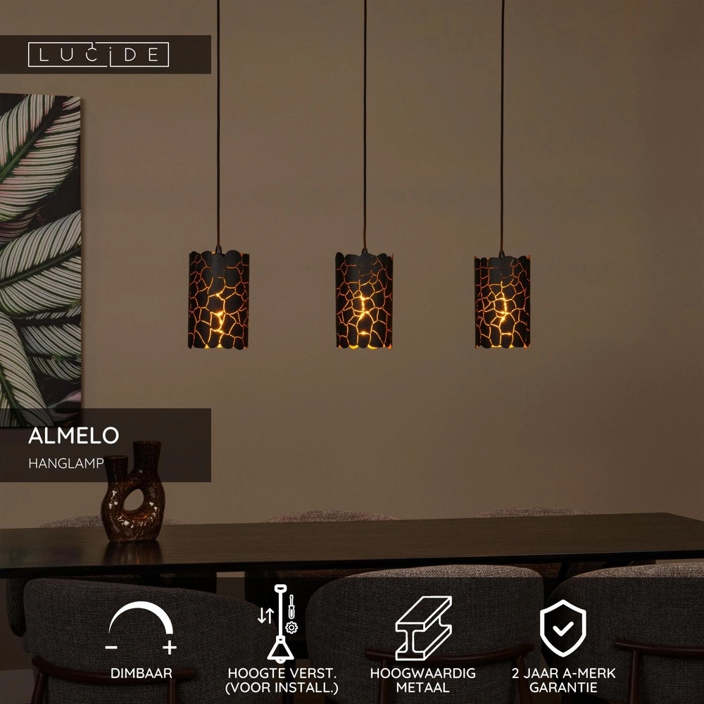 Hanglamp Almelo 3-lichts zwart met gouden binnenkant Lucide 5411212211873