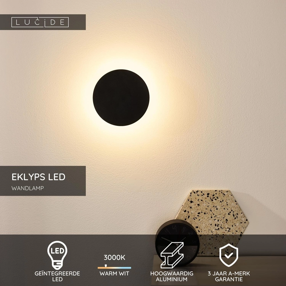 Design wandlamp Eklyps Led Ø 15cm zwart Lucide 5411212460684