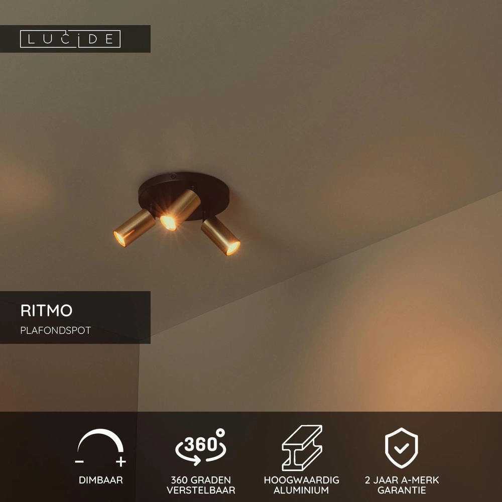 Plafondspot Ritmo mini GU10 3-liichts goud Lucide 5411212094018