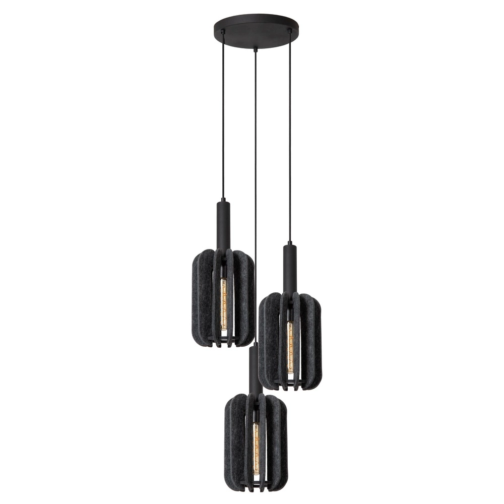 Strakke hanglamp Rafal 3-lichts rond zwart met grijs