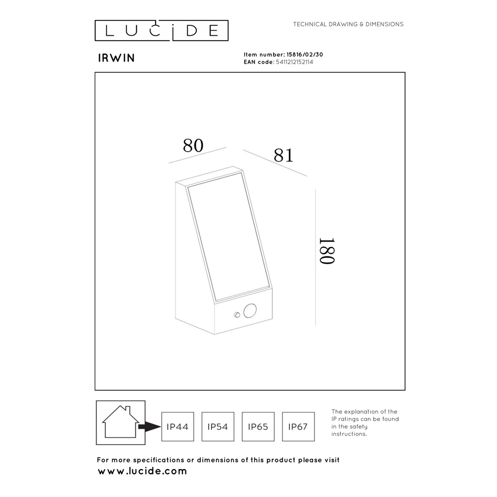 Solar wandlampje Irwin zwart met sensor Lucide 5411212152114