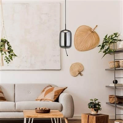 Hanglamp Glas Lisbon zwart met smoke cilinderglas Searchlight 5053423190341