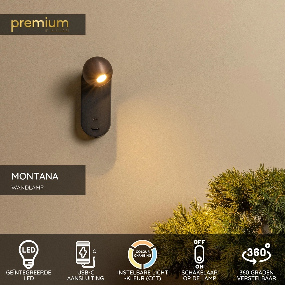 Wandlamp bol Montana design koffie bruin Premium by Lucide 5411212680136