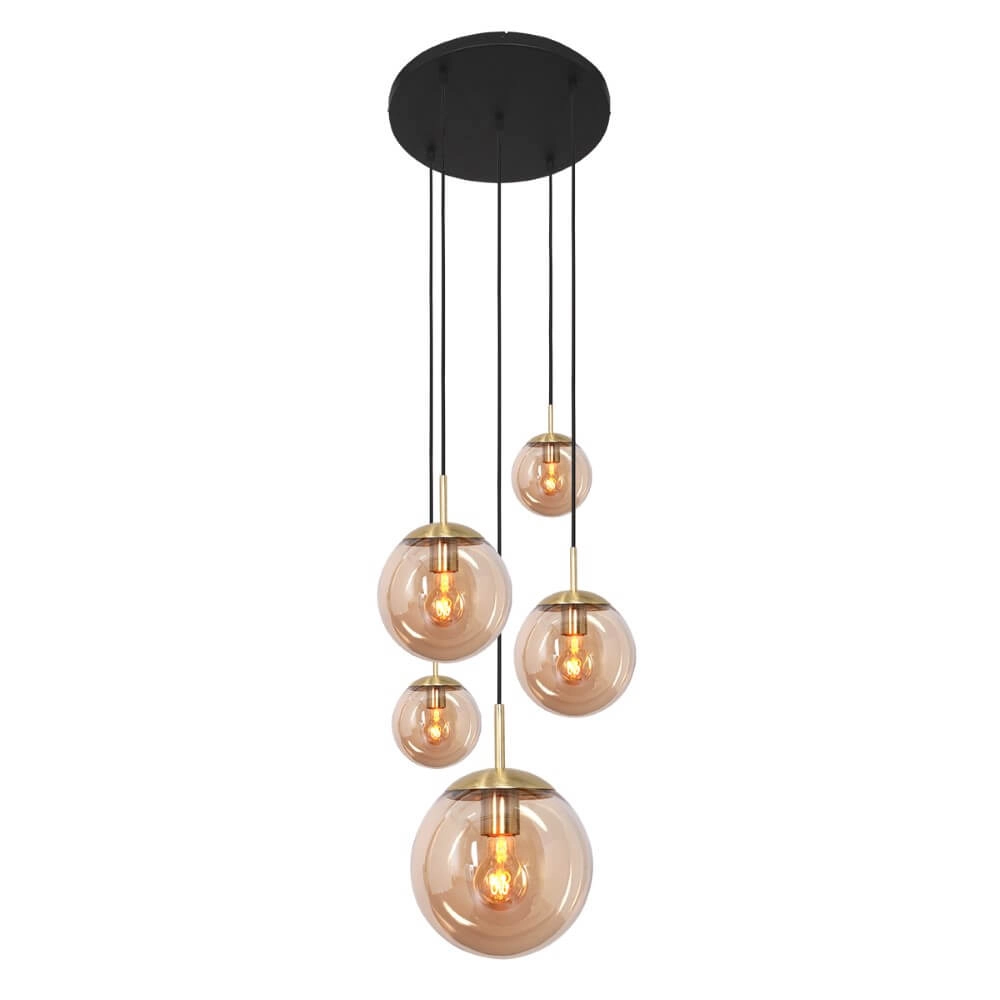 5-lichts vide hanglamp Bolique goud met amber glas