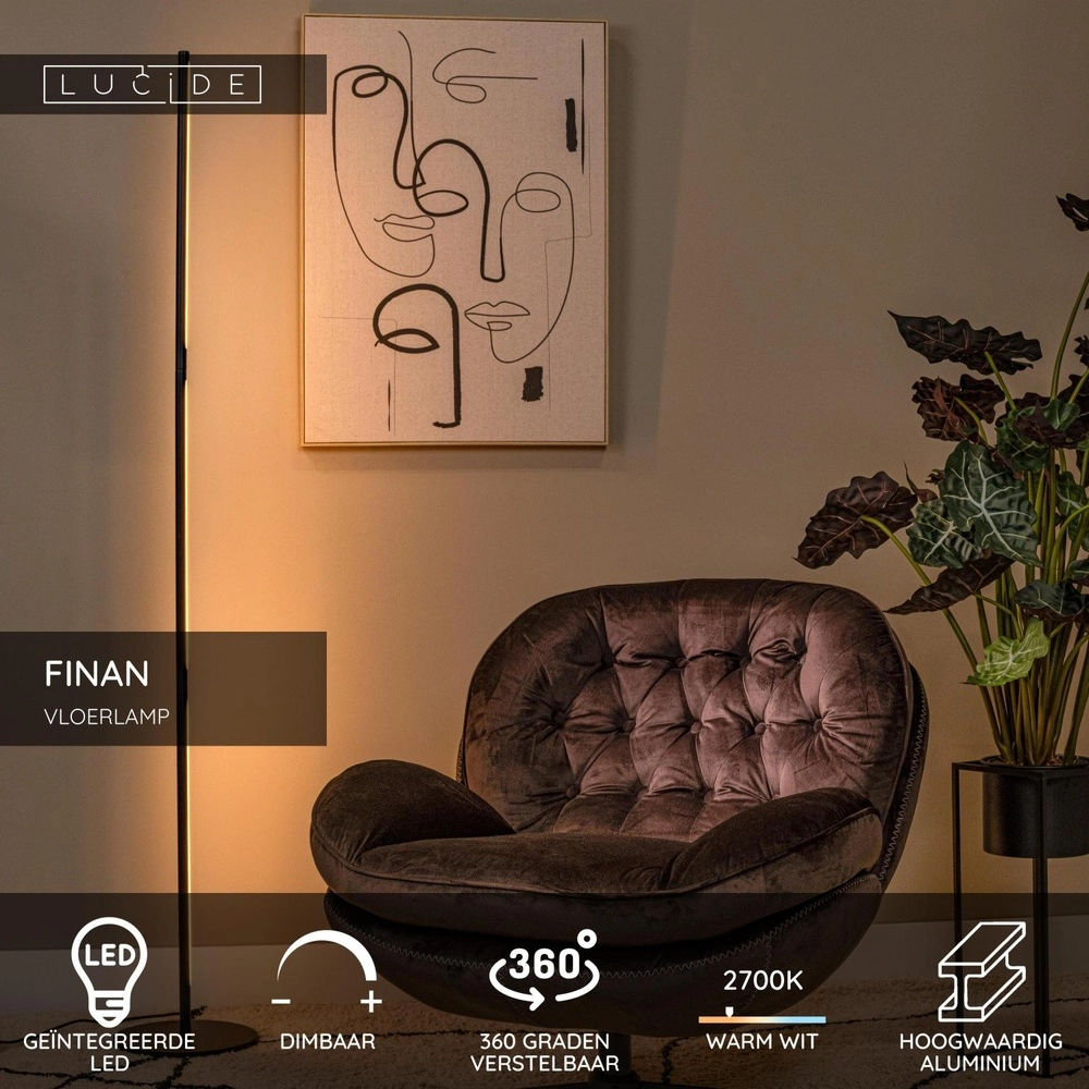 Design vloerlamp Finan zwart Lucide 5411212680044